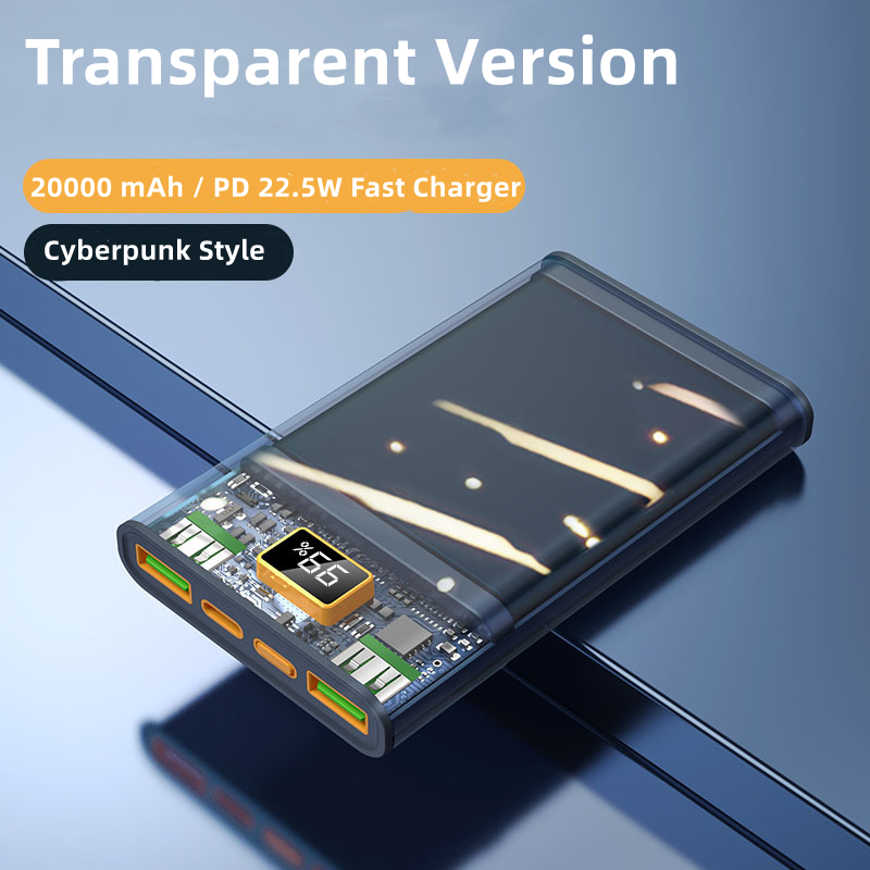 Cyberpunk Transparent Led Built-in Cable 22.5w Pd Fast Charging 10000 20000 Mah Bank Mobile Power Supply 
